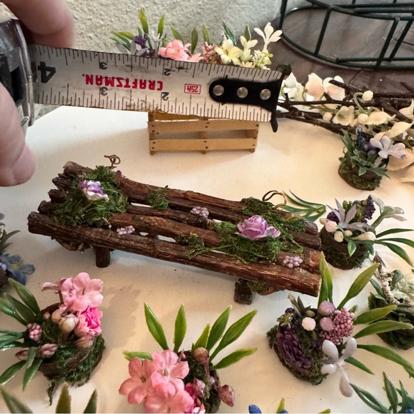 Vintage handmade dollhouse miniature wood potted plants bench branches flowers - Picture 9 of 13